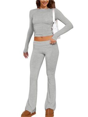 2 Piece Lounge Set Women Long Sleeve Crop Top Flare Leggings Yoga Pajamas
